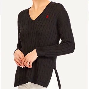 Polo by Ralph Lauren Black Cable-Knit V-Neck Sweater with Red Pony